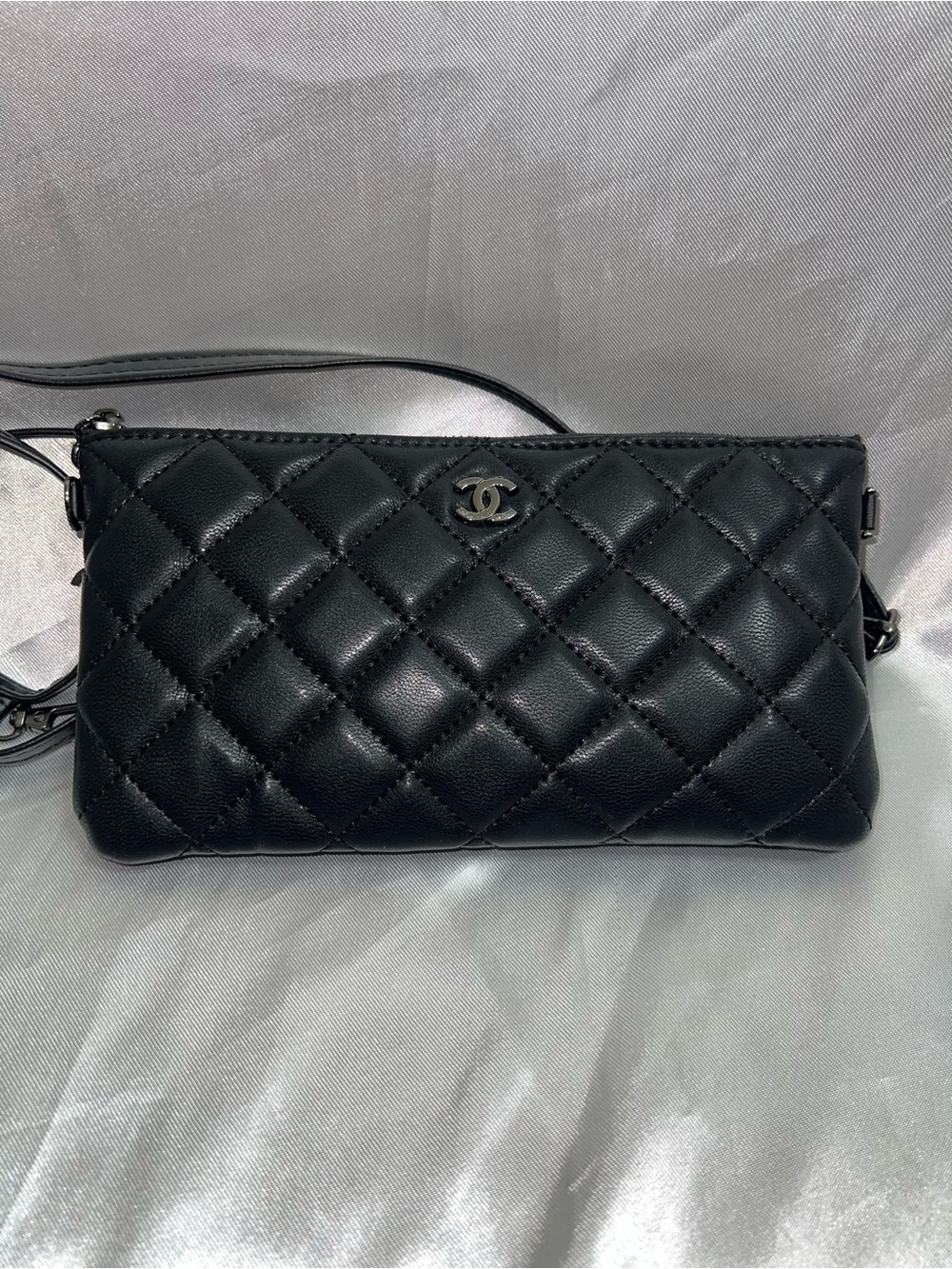 Inspired Black Quilted Lambskin Crossbody Pouch.